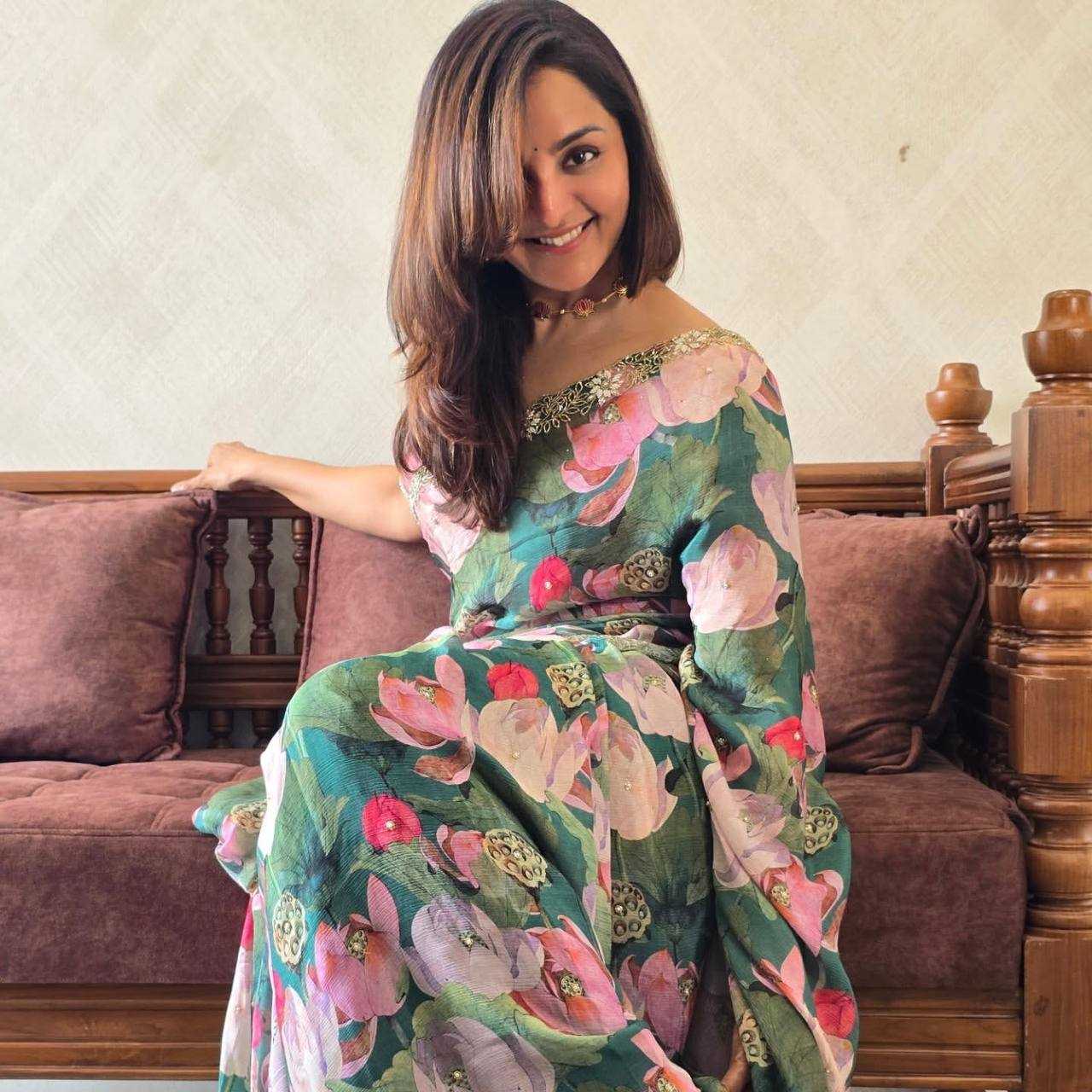 Beautiful Floral Print Tabby Silk Saree by Kritvastra